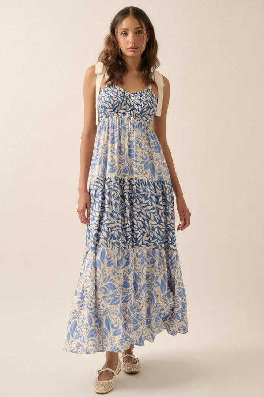 Blue Leaf Print Smocked Shoulder Tie Tiered Maxi Dress