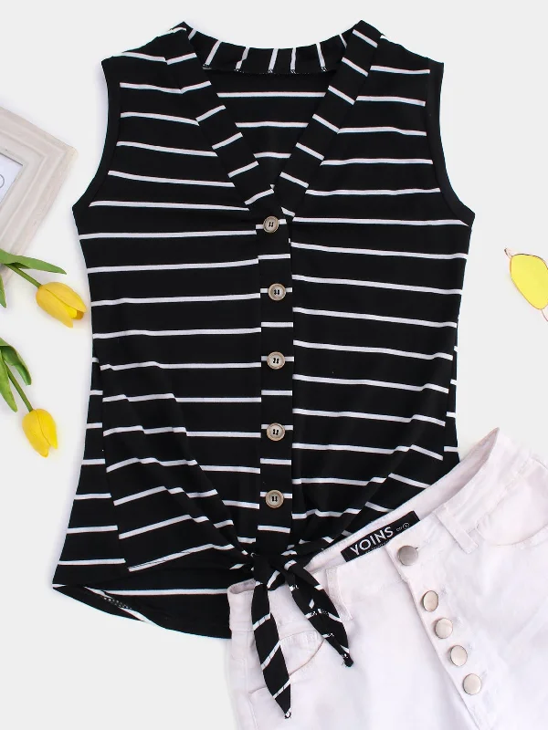 Wholesale V-Neck Stripe Sleeveless Black Tank Top