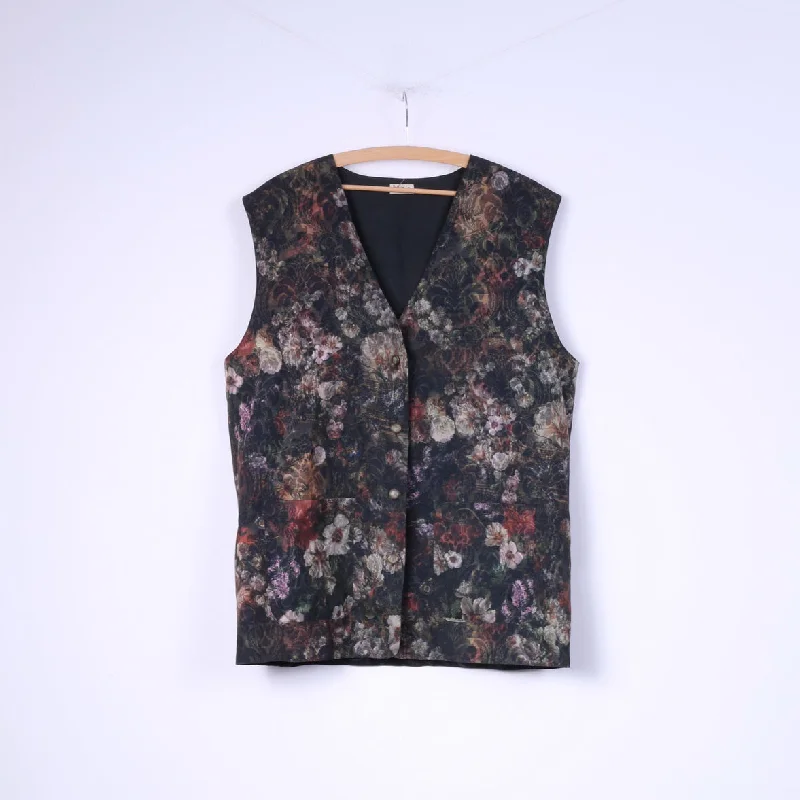 Felicia Women 44 L Vest Waistcoat Navy Floral Print Shiny Single Breasted Vintage