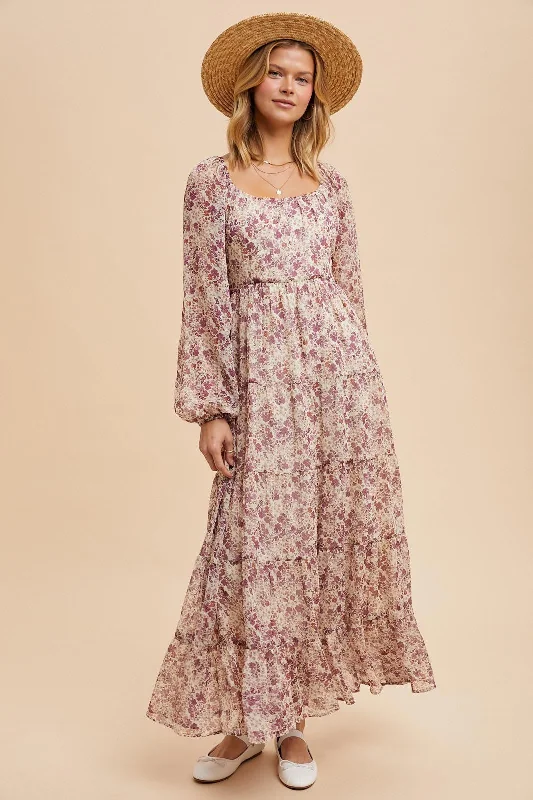 Mauve Floral Floral Chiffon Maxi Dress