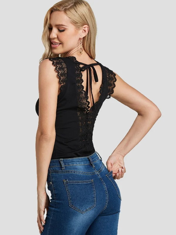 Custom V-Neck Lace Backless Self-Tie Sleeveless Tank Top