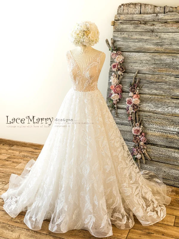 Unique Lace Wedding Dress in Sparkly Feather Pattern