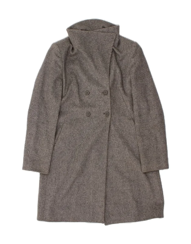 BENETTON Womens Double Breasted Coat IT 46 Large Grey Herringbone Wool