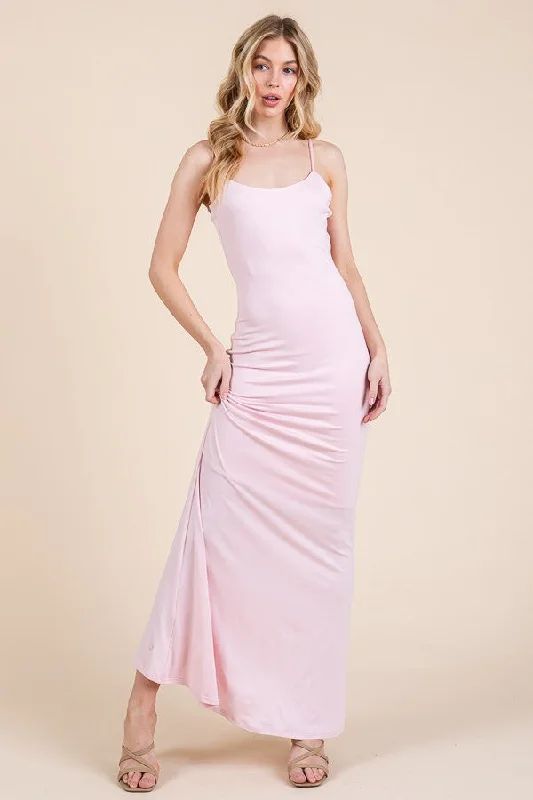 Light Pink Backless Fishtail Sleeveless Maxi Dress