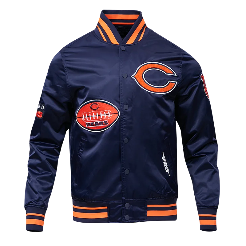 NFL CHICAGO BEARS OLD ENGLISH MEN'S SATIN JACKET (MIDNIGHT NAVY /ORANGE)