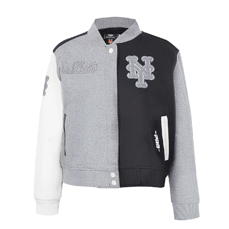 MLB NEW YORK METS REVERSE FRENCH TERRY WOMEN'S WOOL VARSITY JACKET (BLACK/GRAY/EGGSHELL)