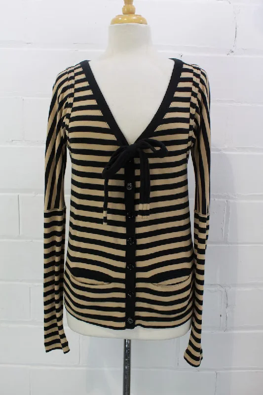 Vintage 1990s Sonia Rykiel Black and Brown Striped Cardigan, Small