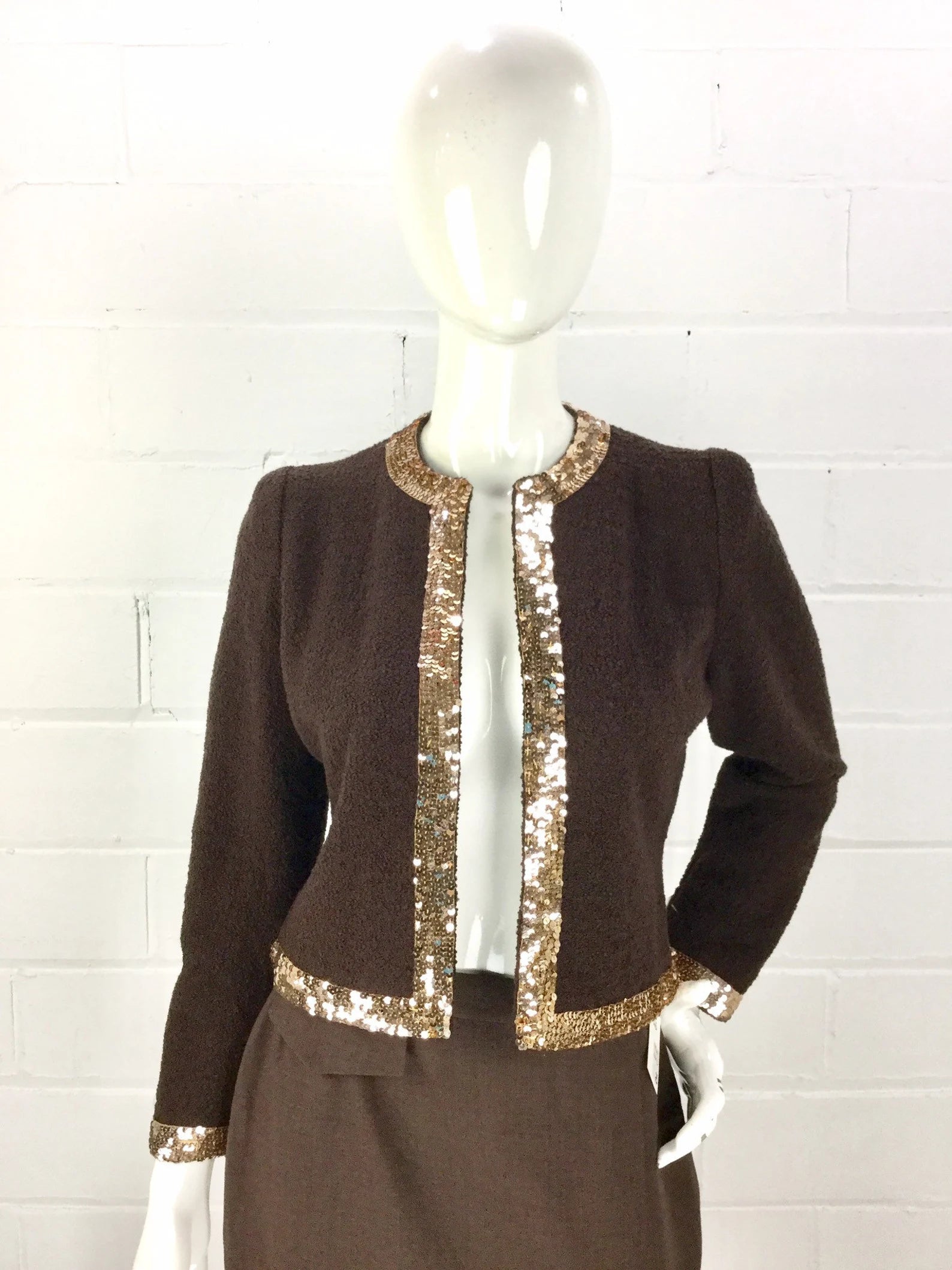 Vintage 1980s Brown Sequin Adolfo Boucle Cardigan, S-M