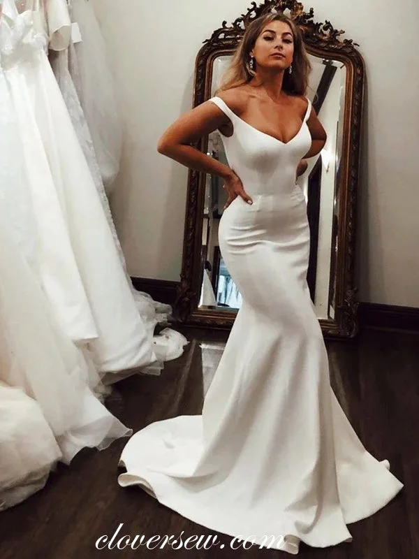 Off White Satin V-neck Mermaid Wedding Dresses, CW0179