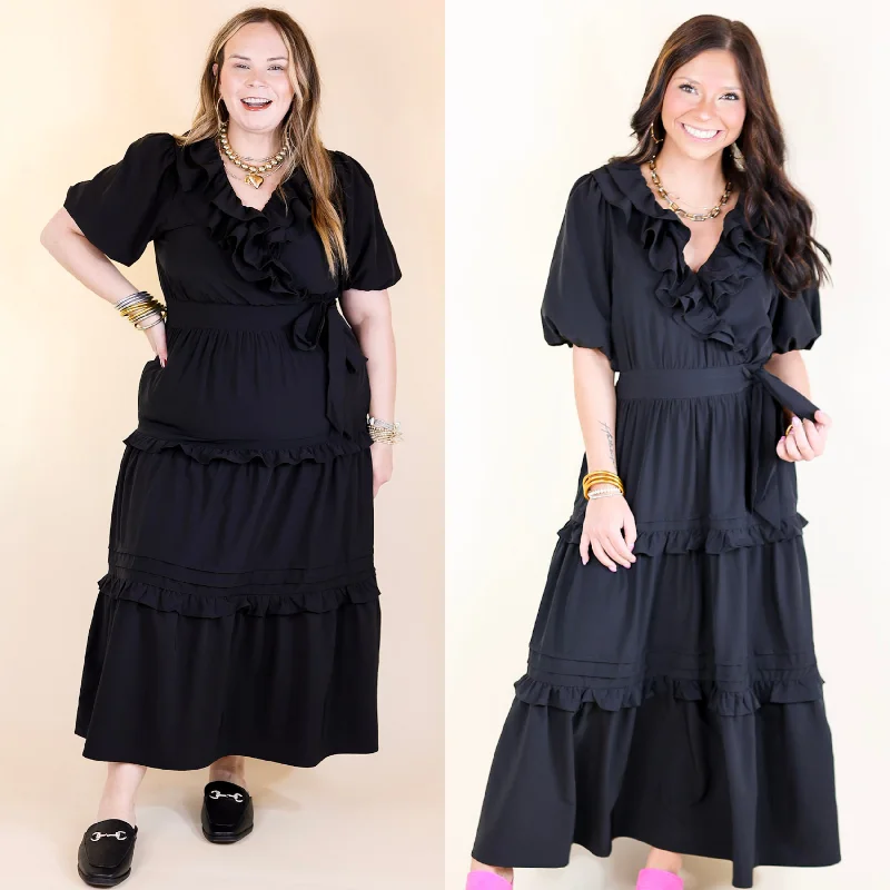 Tied With Charm Ruffle Tiered Midi Dress with Bow in Black