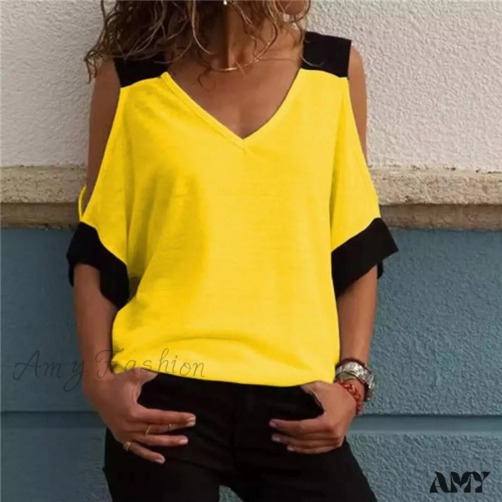 Amy Fashion - Women's Patchwork Cold Shoulder T-shirt