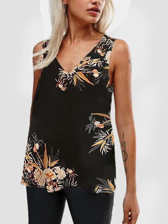 Wholesale V-Neck Floral Print Sleeveless Black Cami