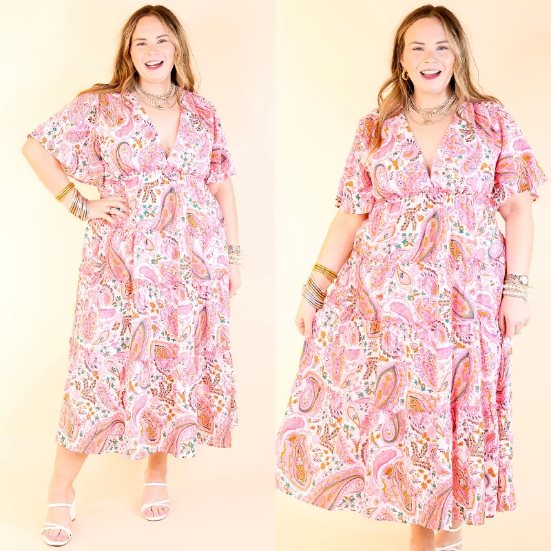 Whispers of Wisteria Paisley Tiered Midi Dress in Pink Mix