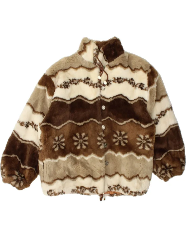 VINTAGE Womens Faux Fur Jacket UK 14 Large Brown Fair Isle