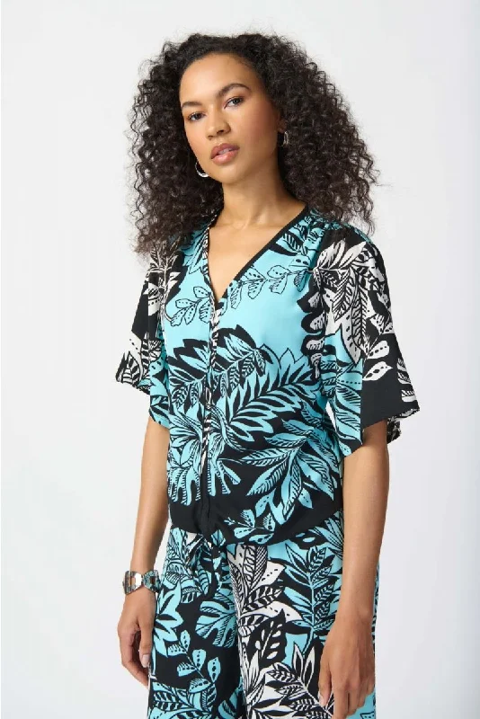 Joseph Ribkoff Black/Multi Tri-Tone Tropical Print Tie-Front Top 241219