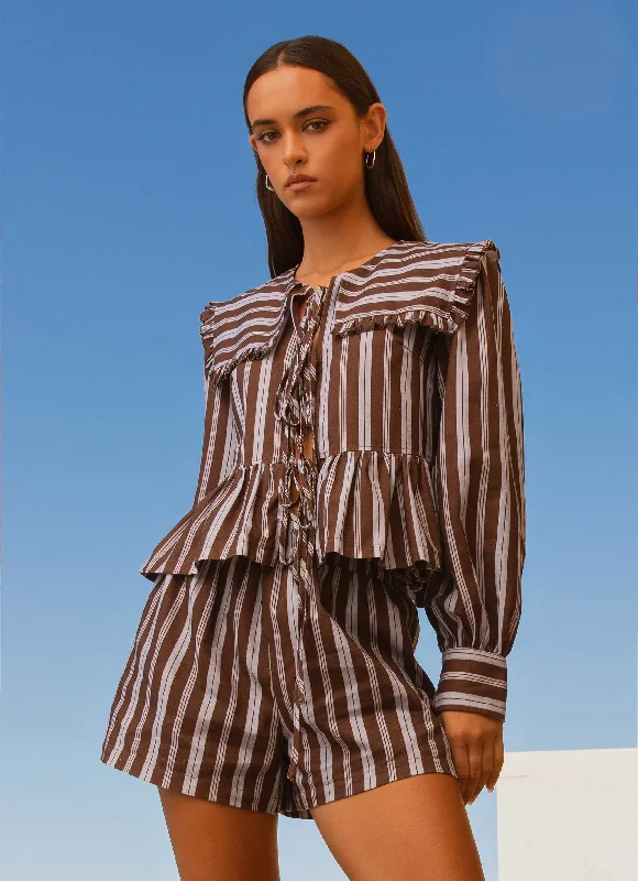 Emerson Tie Front Long Sleeve Top - Purple Brown Stripe Streetwear Style for Streetwear Style for Emerson Tie Front Long Sleeve Top - Purple Brown Stripe Streetwear Style for Streetwear Style for