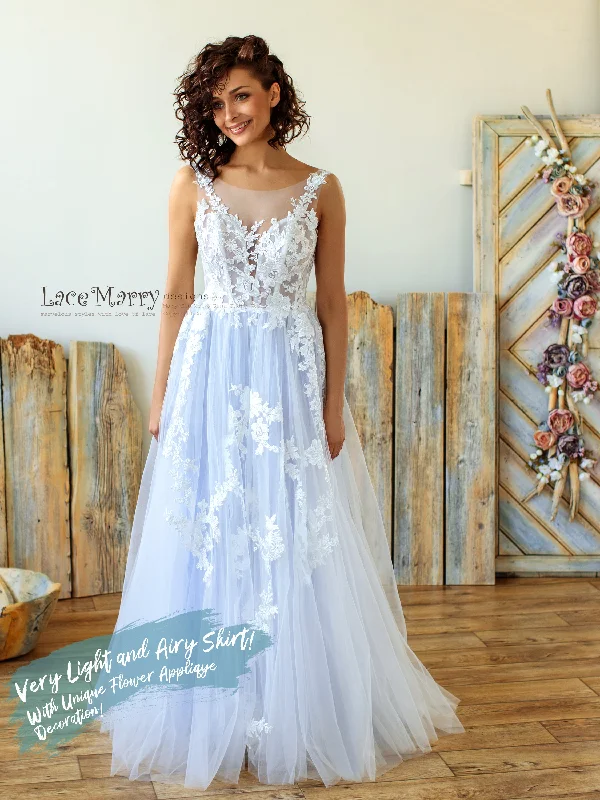 Sparkly Light Lilac Wedding Dress with Floral Appliques