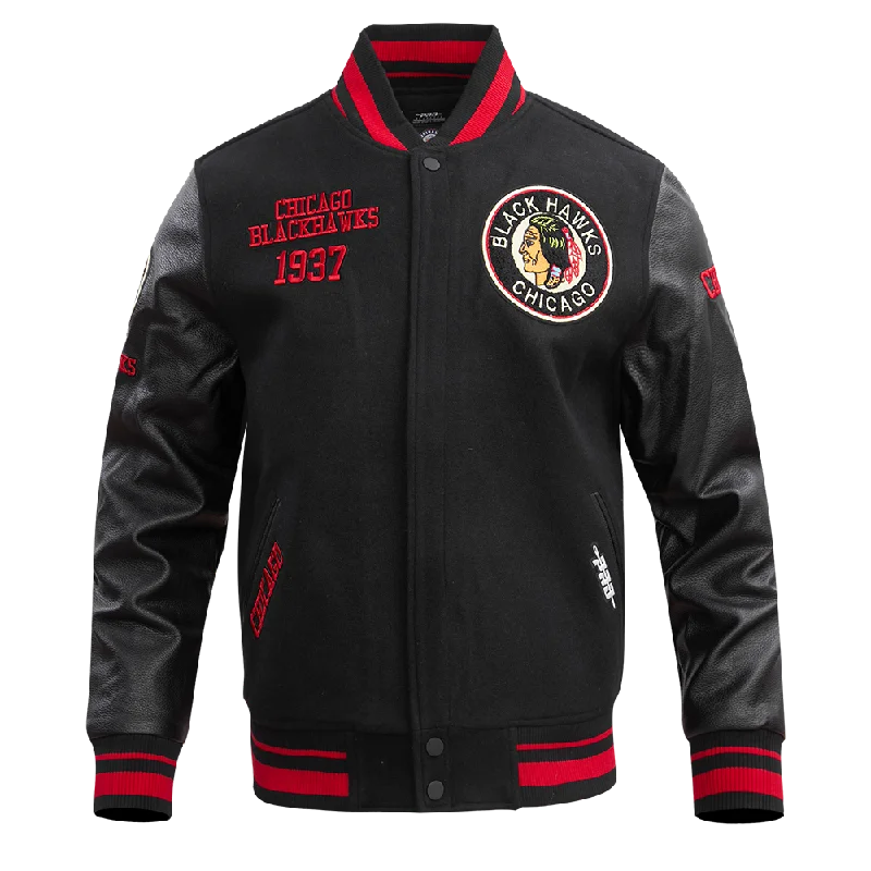 NHL CHICAGO BLACKHAWKS RETRO CLASSIC MEN'S RIB WOOL VARSITY JACKET (BLACK/RED/BLACK)