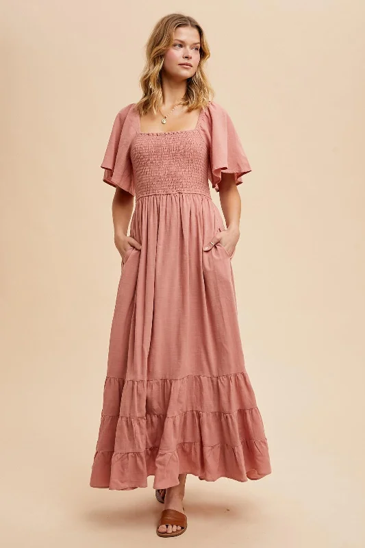 Mauve Smocked Cotton Flutter Sleeve Maxi Dress