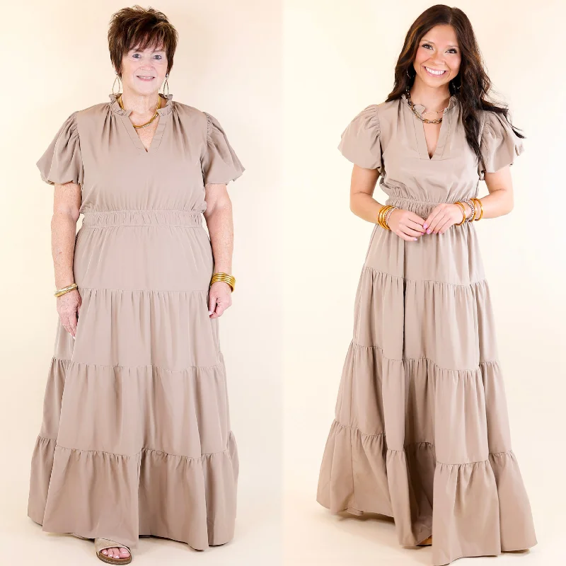 Table for Two Tiered Maxi Dress with Puff Sleeves in Light Mocha Brown