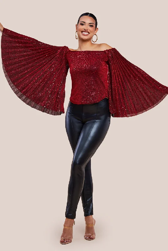 Goddiva Sequin Lurex Bardot Pleated Sleeve Top - Wine Vintage Women's 1970S Vintage Women's 1970S Goddiva Sequin Lurex Bardot Pleated Sleeve Top - Wine Vintage Women's 1970S Vintage Women's 1970S