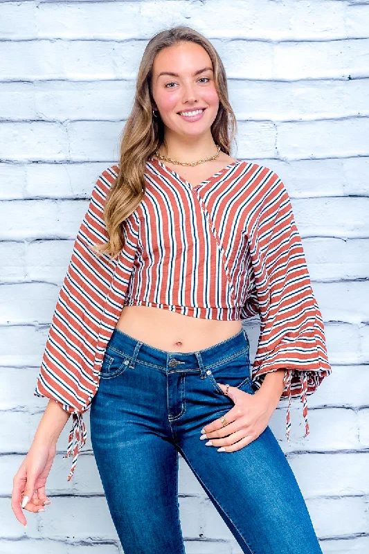 Multi Color Striped V-Neck Wrap Top with Long Billow Sleeves and Drawstrings (T15384) Contemporary  Contemporary 