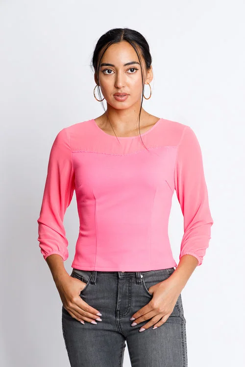 3/4 Sleeve Crew Neck Top with Sheer Neckline and Sleeves (L90371/118920) Cashmere Cashmere 3/4 Sleeve Crew Neck Top with Sheer Neckline and Sleeves (L90371/118920) Cashmere Cashmere