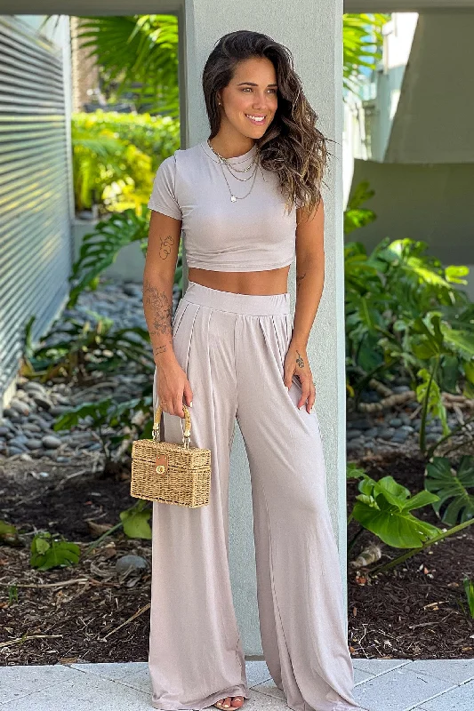 Oatmeal Crop Top And Pants Set Sleek Women's  Sleek Women's 