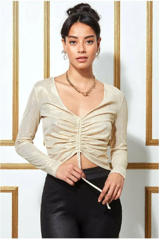 Goddiva Metallic String Long Sleeve Top - Creamgold Sharp Women's Italian Sharp Women's Italian