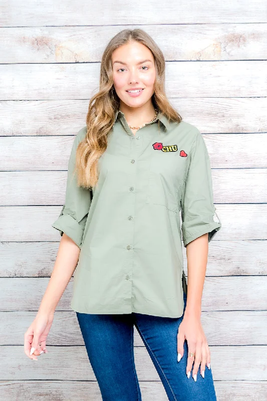 3/4 Sleeve Button Down Top 3Patches* (1327TM) Sleek Women's Metallic Sleek Women's Metallic