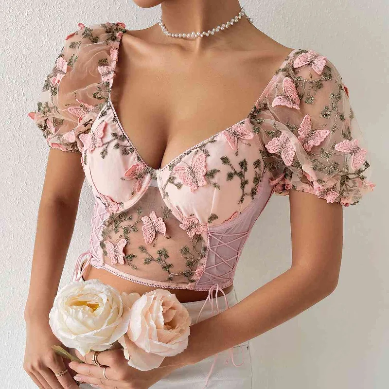 Butterfly Whispers Embroidery Mesh Corset Top Practical Women's Multi -  Practical Women's Multi - 